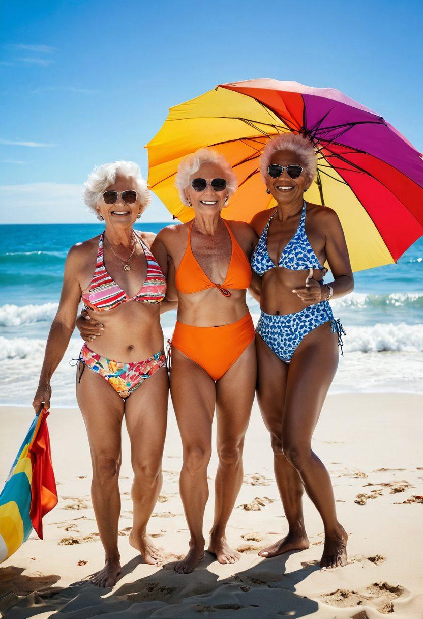 A playful beach scene featuring bold and stylish older women flaunting vibrant, daring swimwear. Their confident poses and radiant smiles reflect empowerment and freedom, surrounded by colorful beach umbrellas and playful surfboards. The sunlight casts a warm glow, highlighting their joyful expressions and unique fashion choices. Include a hint of ocean waves in the background to enhance the beach vibe. super-realistic. vibrant colors. cheerful atmosphere.